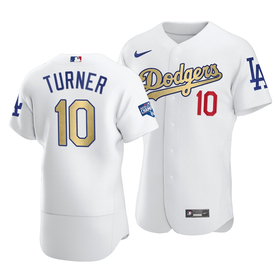 Los Angeles Dodgers #10 Justin Turner 2021 White Gold World Series Champions Patch Sttiched Jersey
