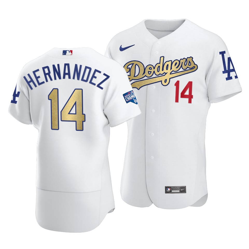 Los Angeles Dodgers #14 Enrique Hernandez 2021 White Gold World Series Champions Patch Sttiched Jersey