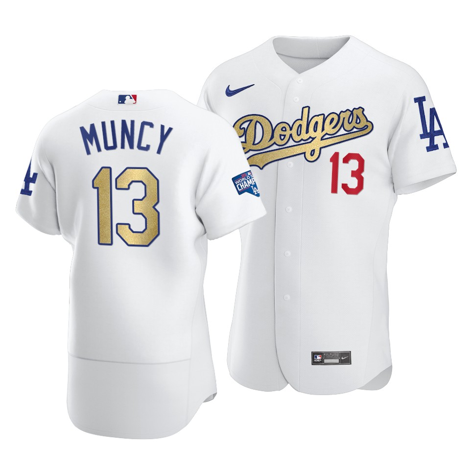 Los Angeles Dodgers #13 Max Muncy 2021 White Gold World Series Champions Patch Sttiched Jersey