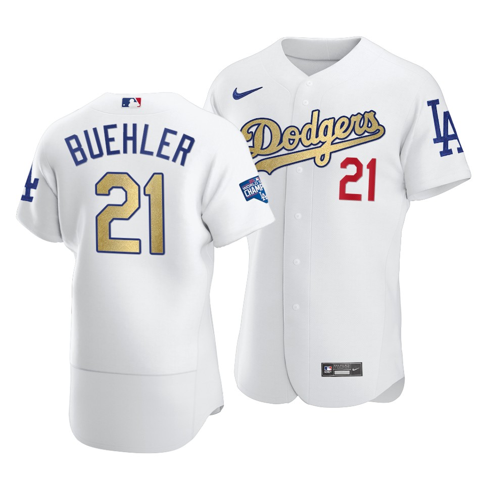 Los Angeles Dodgers #21 Walker Buehler 2021 White Gold World Series Champions Patch Sttiched Jersey