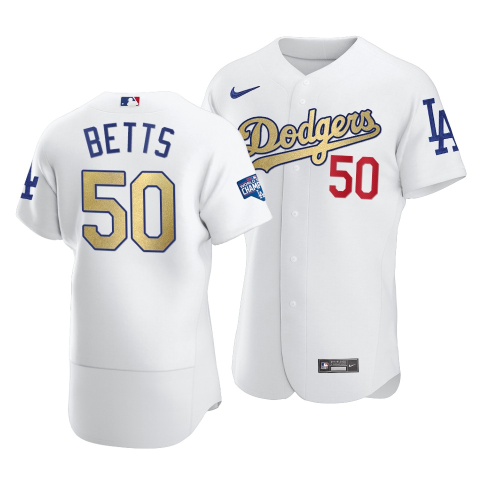 Los Angeles Dodgers #50 Mookie Betts 2021 White Gold World Series Champions Patch Sttiched Jersey