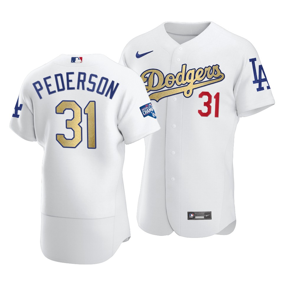 Los Angeles Dodgers #31 Joc Pederson 2021 White Gold World Series Champions Patch Sttiched Jersey