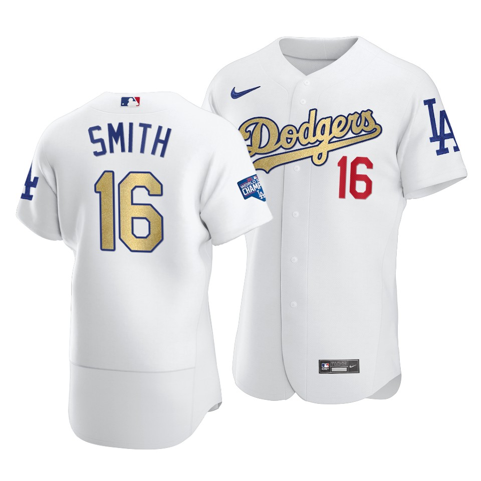 Los Angeles Dodgers #16 Will Smith 2021 White Gold World Series Champions Patch Sttiched Jersey