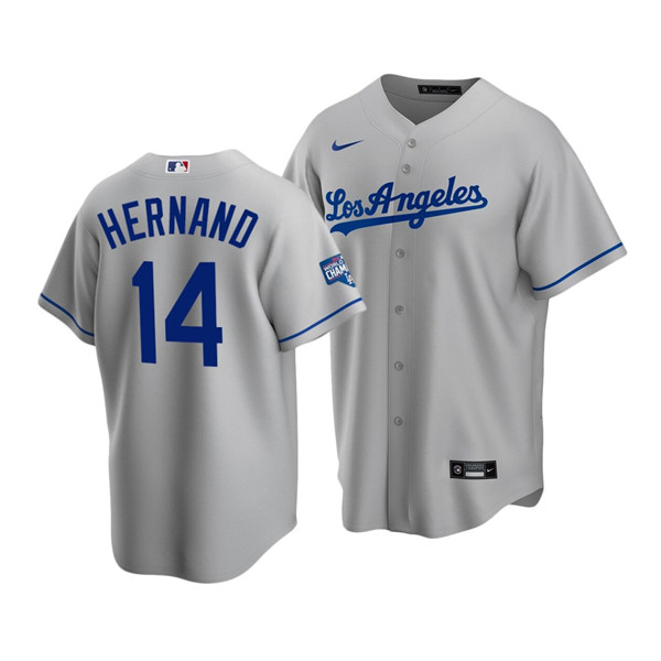 Los Angeles Dodgers #14 Kiké Hernández Grey 2020 World Series Champions Home Patch Cool Base Stitched Jersey
