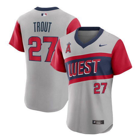 Los Angeles Angels #27 Mike Trout 2021 Grey Little League Classic Road Flex Base Stitched Baseball Jersey