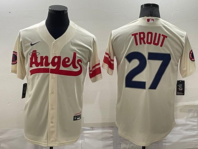 Los Angeles Angels #27 Mike Trout Cream 2022 City Connect Cool Base Stitched Jersey