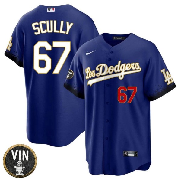 Los Angeles Dodgers #67 Vin Scully Blue 2022 White Vin Scully Patch Cool Base Stitched Baseball Jersey