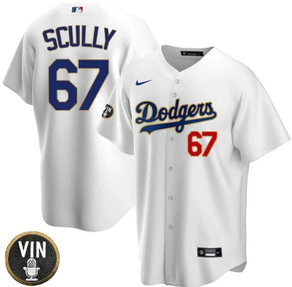Los Angeles Dodgers #67 Vin Scully White 2022 White Vin Scully Patch Cool Base Stitched Baseball Jersey