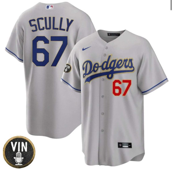 Los Angeles Dodgers #67 Vin Scully Gray 2022 White Vin Scully Patch Cool Base Stitched Baseball Jersey