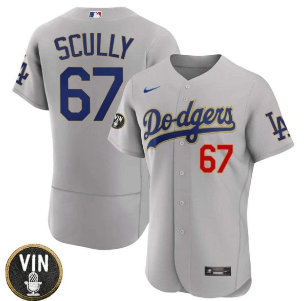 Los Angeles Dodgers #67 Vin Scully 2022 Gray Vin Scully Patch Flex Base Stitched Baseball Jersey