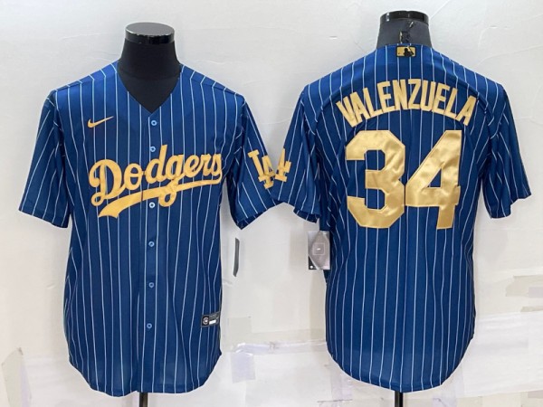 Los Angeles Dodgers #34 Fernando Valenzuela Navy Gold Cool Base Stitched Baseball Jersey