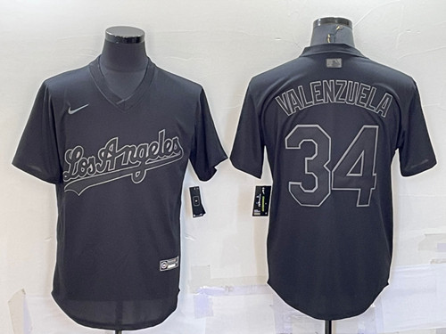 Los Angeles Dodgers #34 Fernando Valenzuela Black Pitch Black Fashion Replica Stitched Jersey