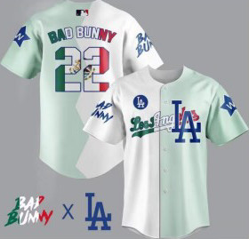Los Angeles Dodgers #22 Bad Bunny White Green Split Cool Base Stitched Baseball Jersey