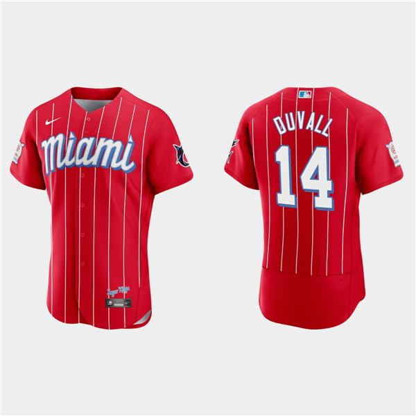 Miami Marlins #14 Adam Duvall Red 2021 City Connect Flex Base Stitched Jersey