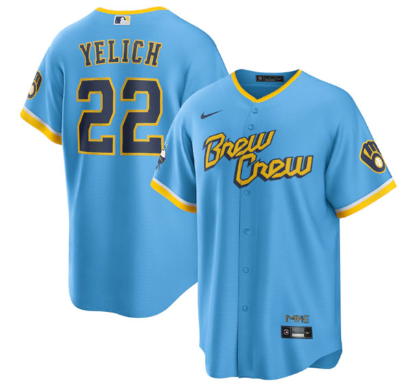 Milwaukee Brewers #22 Christian Yelich Powder Blue 2022 City Connect Cool Base Stitched Jersey