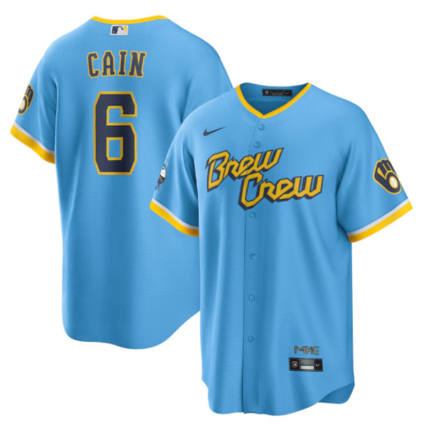 Milwaukee Brewers #6 Lorenzo Cain Powder Blue 2022 City Connect Cool Base Stitched Jersey
