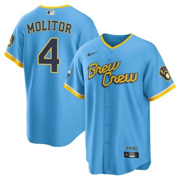 Milwaukee Brewers #4 Paul Molitor 2022 Powder Blue City Connect Cool Base Stitched Jersey
