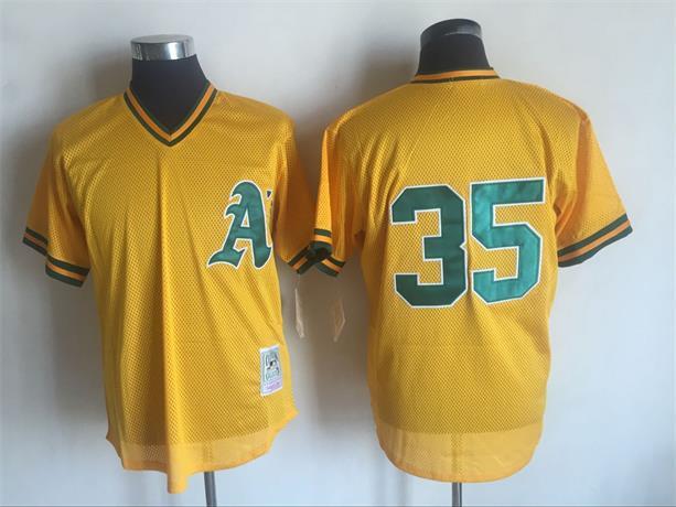 Oakland Athletics #35 Rickey Henderson Mitchell And Ness Yellow 1984 Throwback Stitched Jersey