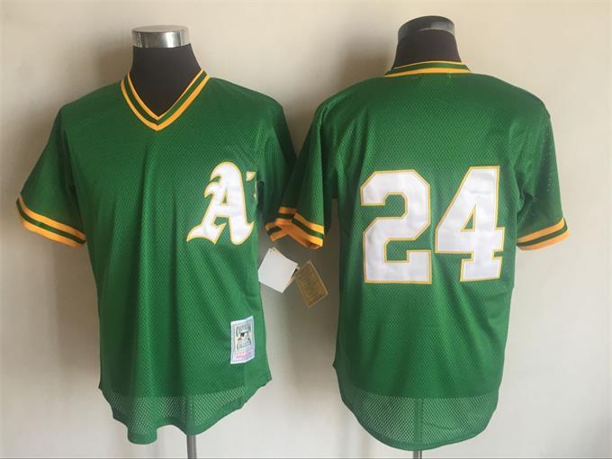 Oakland Athletics #24 Rickey Henderson Mitchell And Ness Green 1991 Throwback Stitched Jersey