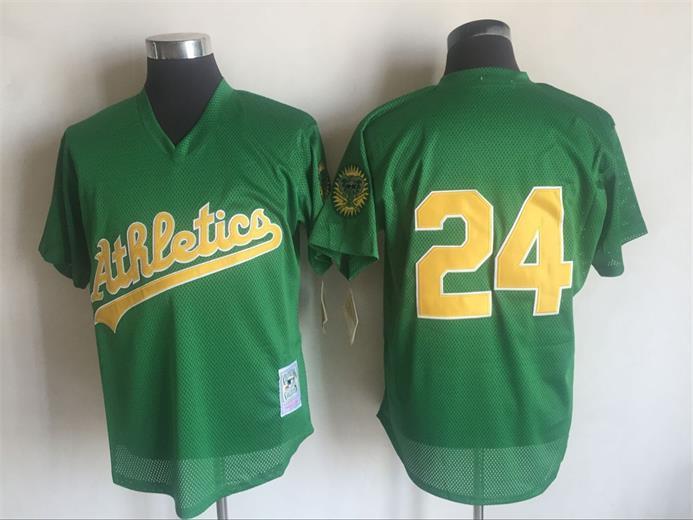 Oakland Athletics #24 Rickey Henderson Mitchell And Ness Green 1998 Throwback Stitched Jersey