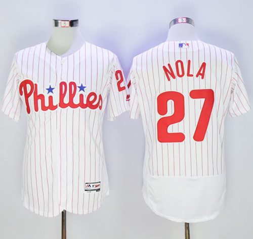 Phillies #27 Aaron Nola White(Red Strip) Flexbase Authentic Collection Stitched Jersey
