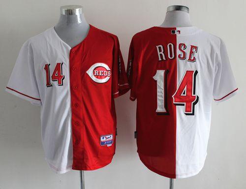 Reds #14 Pete Rose Red White Split Fashion Stitched Jersey