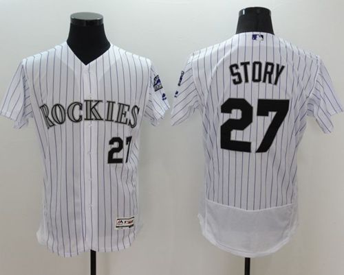 Rockies #27 Trevor Story White Strip Flexbase Authentic Collection Stitched Jersey