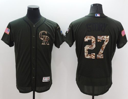 Rockies #27 Trevor Story Green Flexbase Authentic Collection Salute To Service Stitched Jersey