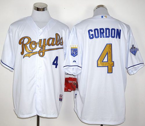 Royals #4 Alex Gordon White 2015 World Series Champions Gold Program Stitched Jersey