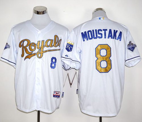 Royals #8 Mike Moustakas White 2015 World Series Champions Gold Program Stitched Jersey