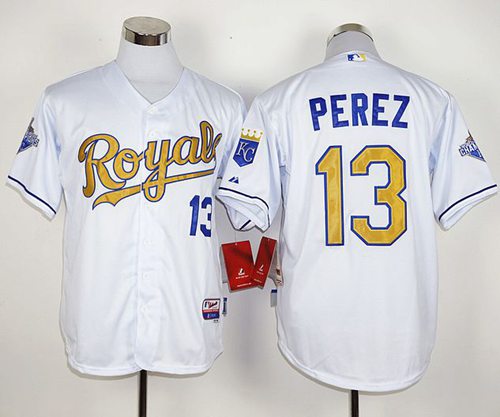 Royals #13 Salvador Perez White 2015 World Series Champions Gold Program Stitched Jersey