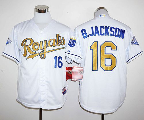 Royals #16 Bo Jackson White 2015 World Series Champions Gold Program Stitched Jersey