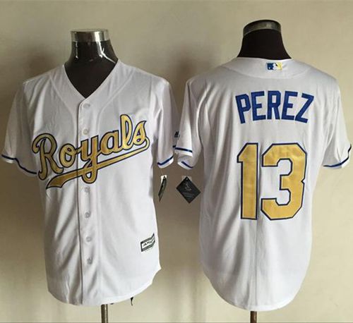 Royals #13 Salvador Perez White New Cool Base 2015 World Series Champions Gold Program Stitched Jersey