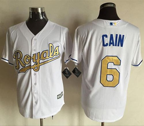 Royals #6 Lorenzo Cain White New Cool Base 2015 World Series Champions Gold Program Stitched Jersey
