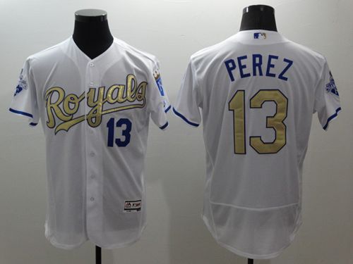 Royals #13 Salvador Perez White 2015 World Series Champions Gold Program FlexBase Authentic Stitched Jersey