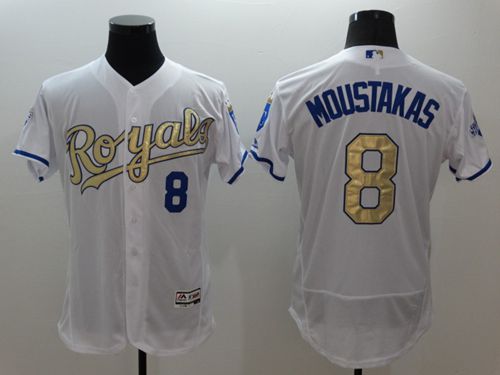Royals #8 Mike Moustakas White 2015 World Series Champions Gold Program FlexBase Authentic Stitched Jersey