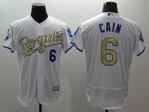 Royals #6 Lorenzo Cain White 2015 World Series Champions Gold Program FlexBase Authentic Stitched Jersey