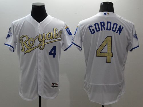 Royals #4 Alex Gordon White 2015 World Series Champions Gold Program FlexBase Authentic Stitched Jersey