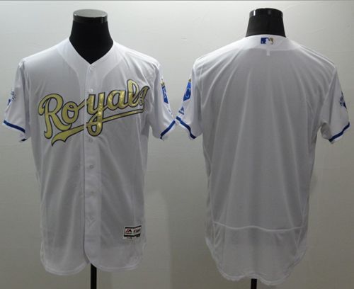 Royals Blank White FlexBase Authentic 2015 World Series Champions Gold Program Stitched Jersey