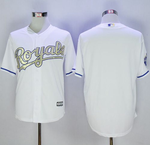 Royals Blank White New Cool Base 2015 World Series Champions Gold Program Stitched Jersey