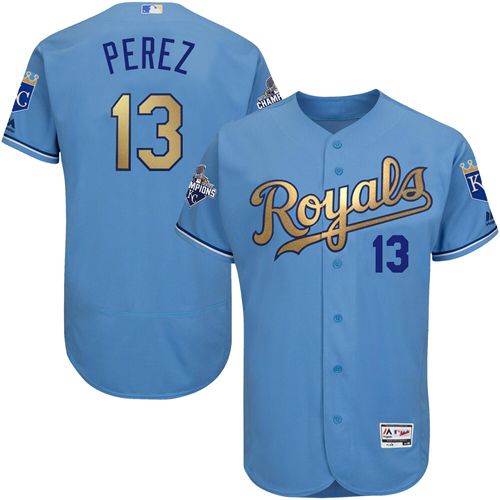 Royals #13 Salvador Perez Light Blue FlexBase Authentic 2015 World Series Champions Gold Program Stitched Jersey