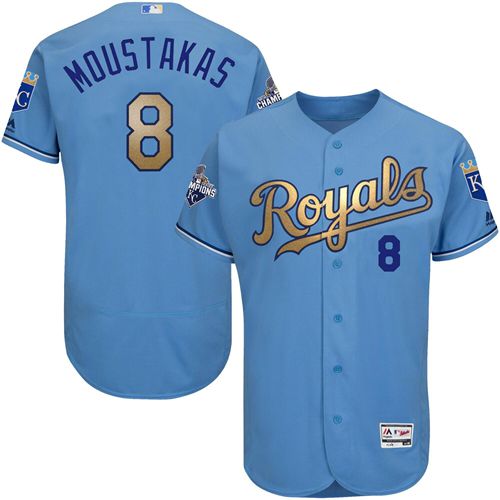 Royals #8 Mike Moustakas Light Blue FlexBase Authentic 2015 World Series Champions Gold Program Stitched Jersey