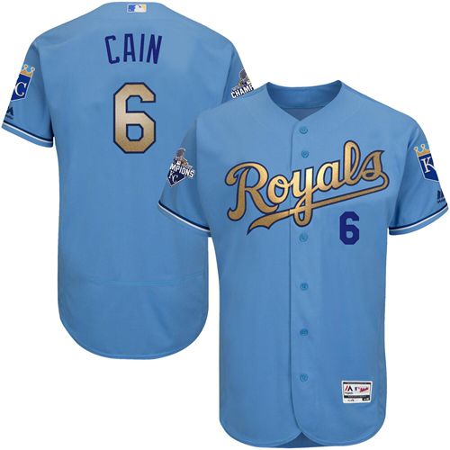 Royals #6 Lorenzo Cain Light Blue FlexBase Authentic 2015 World Series Champions Gold Program Stitched Jersey