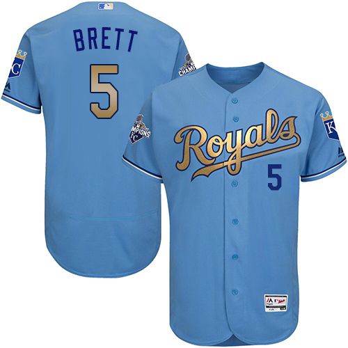Royals #5 George Brett Light Blue FlexBase Authentic 2015 World Series Champions Gold Program Stitched Jersey