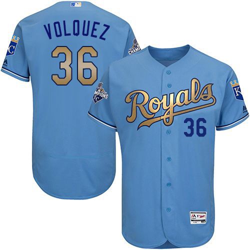 Royals #36 Edinson Volquez Light Blue FlexBase Authentic 2015 World Series Champions Gold Program Stitched Jersey