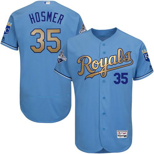 Royals #35 Eric Hosmer Light Blue FlexBase Authentic 2015 World Series Champions Gold Program Stitched Jersey