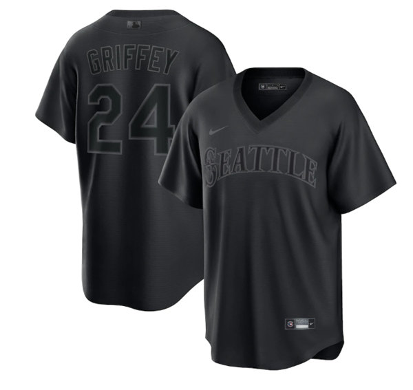 Seattle Mariners #24 Ken Griffey Jr. Black Pitch Black Fashion Replica Stitched Jersey