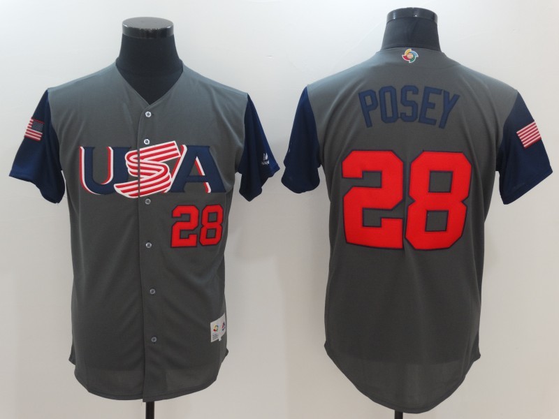 USA Baseball #28 Buster Posey Gray 2017 World Baseball Classic Stitched WBC Jersey