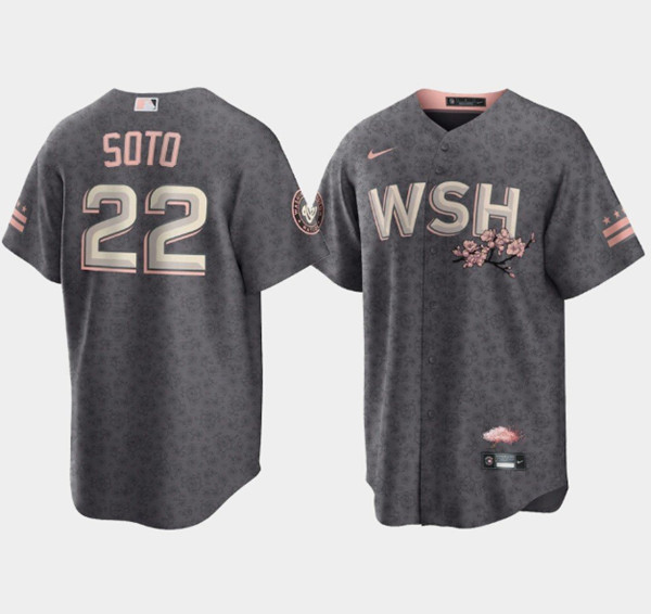 Washington Nationals #22 Juan Soto 2022 Gray City Connect Cherry Blossom Cool Base Stitched Jersey