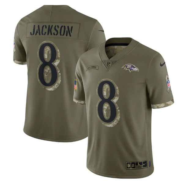 Baltimore Ravens #8 Lamar Jackson 2022 Olive Salute To Service Limited Stitched Jersey